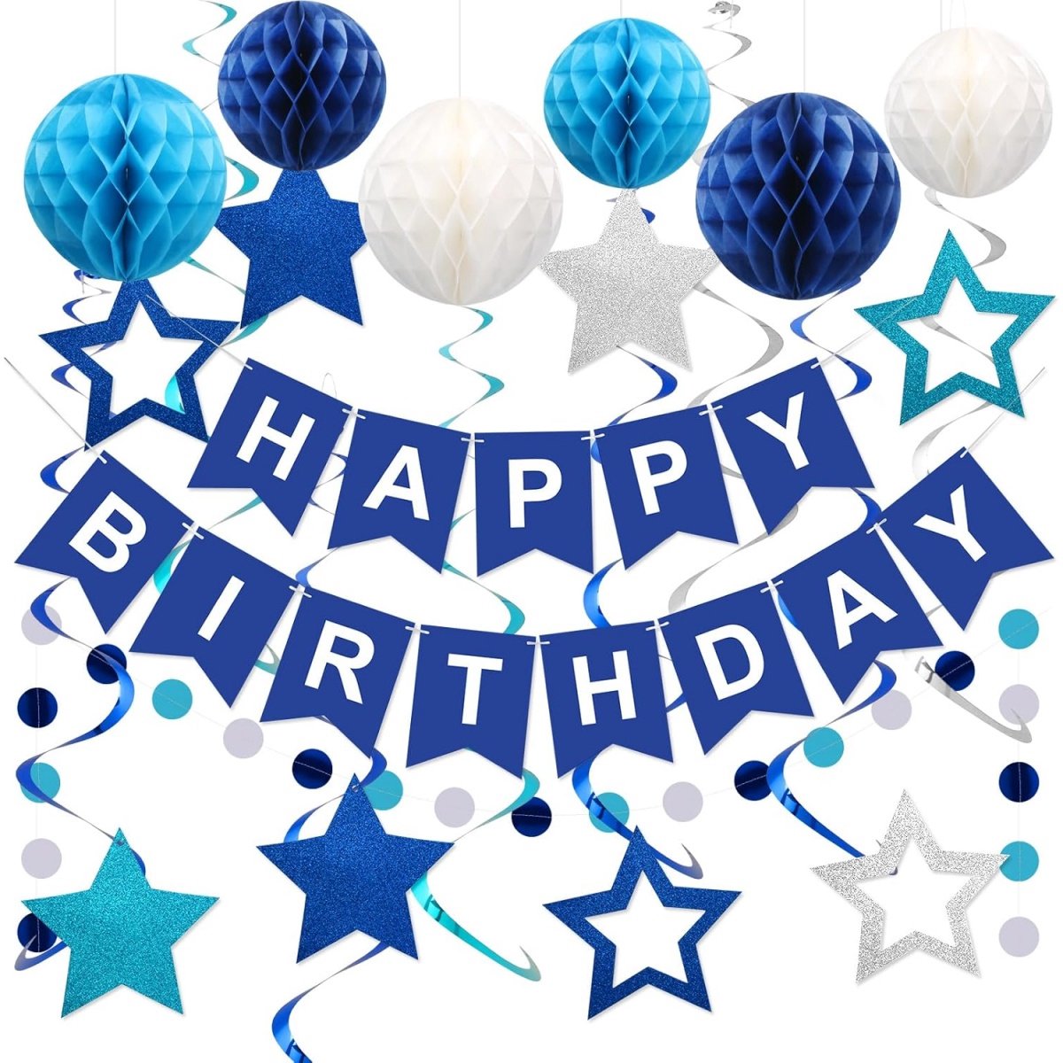 Verjaardagsdecoratie Set - Feestpakket Blauw - Hangdecoratie - Snel En Eenvoudig Monteren - Herbruikbaar Hoogwaardig Materiaal - Duurzaam Plastic - Universeel Voor Jongens En Mannen - Creëert Magische Sfeer - 1 Compleet Pakket