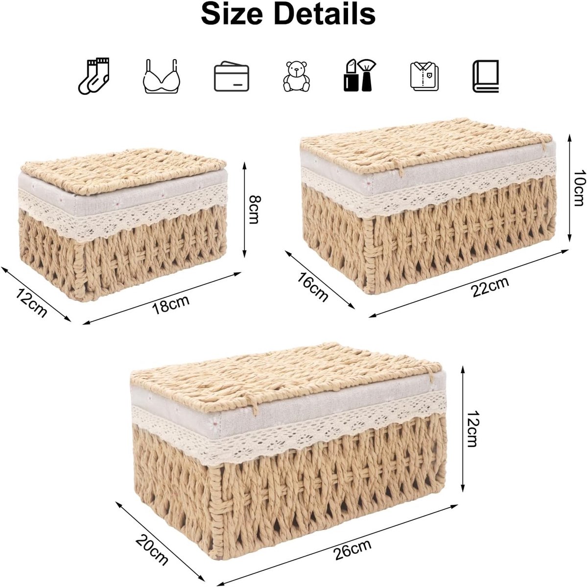 Set van 3 Woven Opbergmanden met Deksel, Natuurlijke Papieren Touw en IJzeren Frame, Perfect voor Badkamer, Slaapkamer en Organisatie van Planken