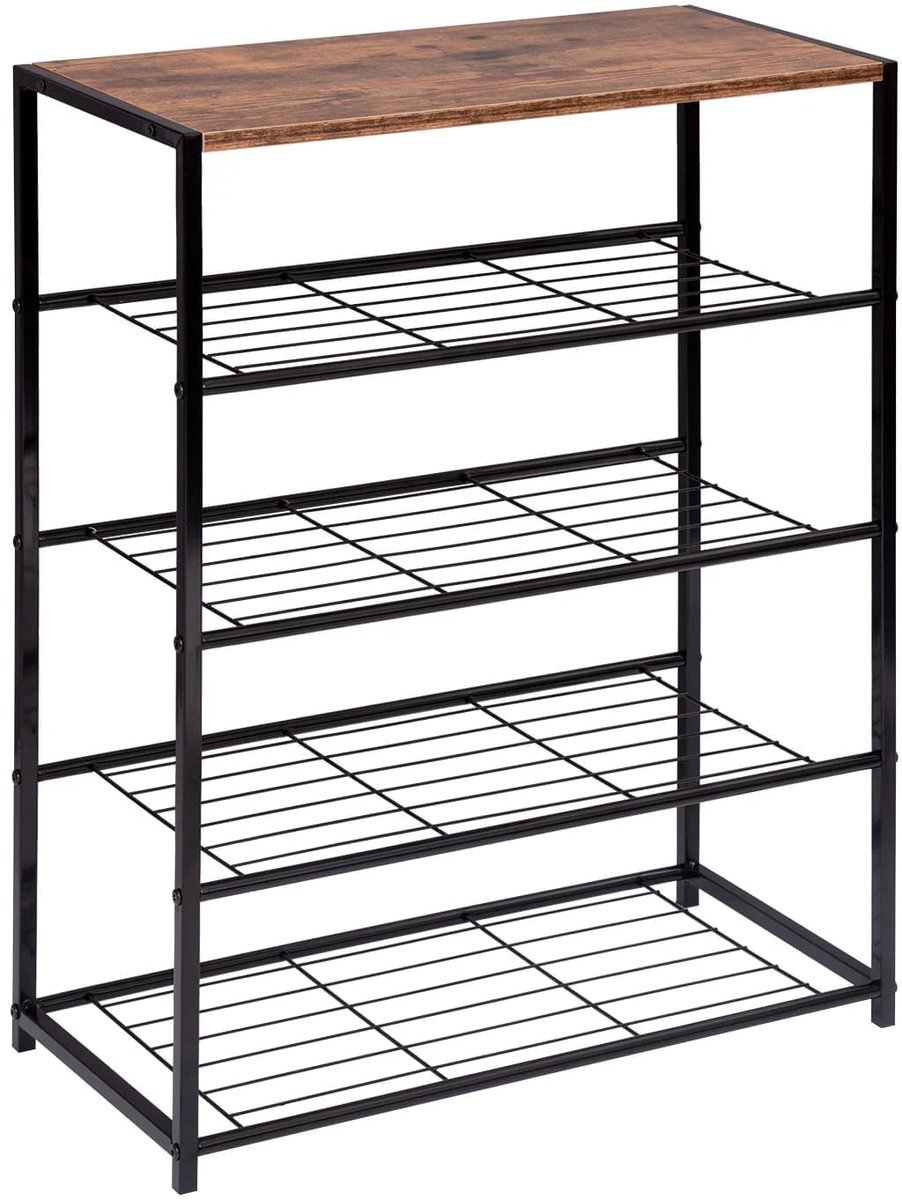 Klarven® Schoenenkast Zwart - Schoenenkast met Zitbank - Schoenenkastje - Schoenenkast Metaal - Met 4 Planken - Schoenenrek voor Smalle Gang, Ook Geschikt voor Laarzen en Hoge Hakken - B63xd30xh87cm