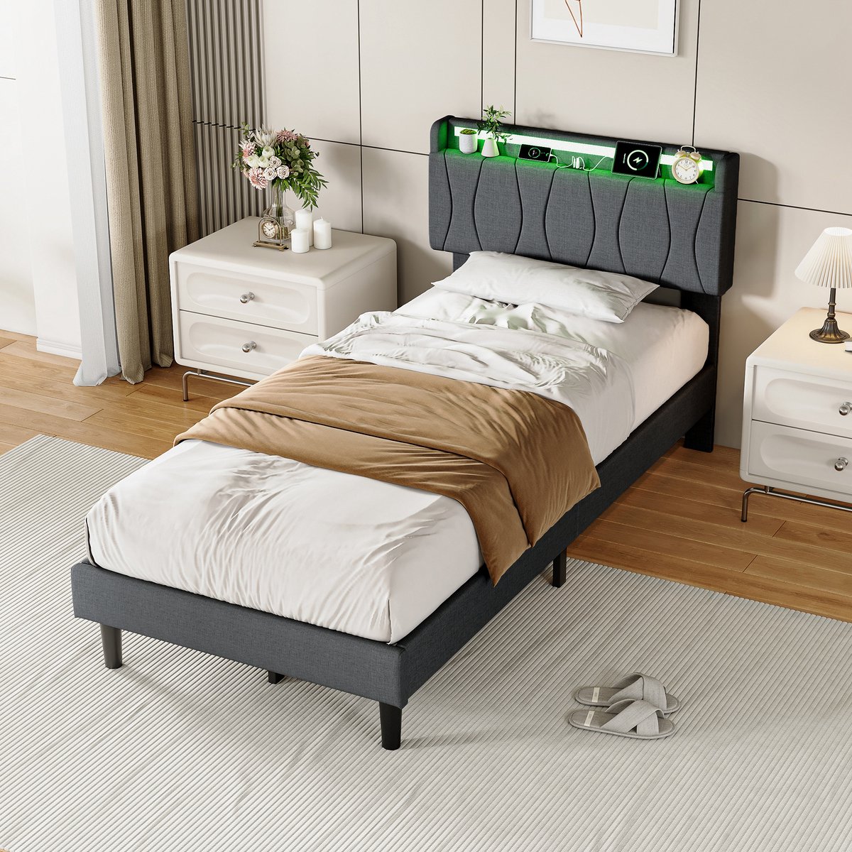 ROSAHQNDA Kinderbed 90x200 cm, gestoffeerd eenpersoonsbed met LED-hoofdbord en lattenbodem, linnen, grijs, zonder matras