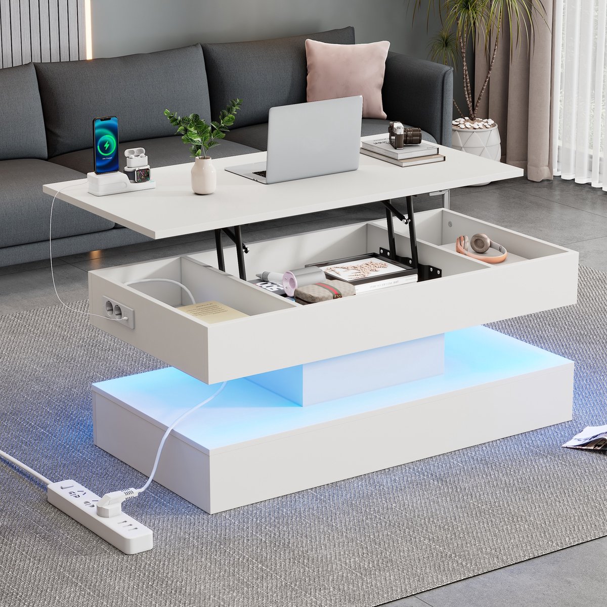 Sweiko Salontafel - LED-Verlichting - Opbergruimte - In hoogte verstelbaar - Wit