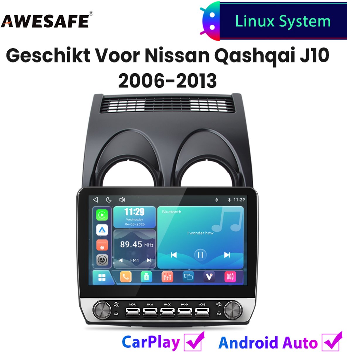 Awesafe 10.1 Inch Autoradio Met knop - Geschikt Voor Nissan Qashqai J10 2006 t/m 2013 - Draadloos Carplay Android Auto - Linux systeem - Touchscreen - Bluetooth Wifi - 2006 2007 2008 2009 2010 2011 2012 2013