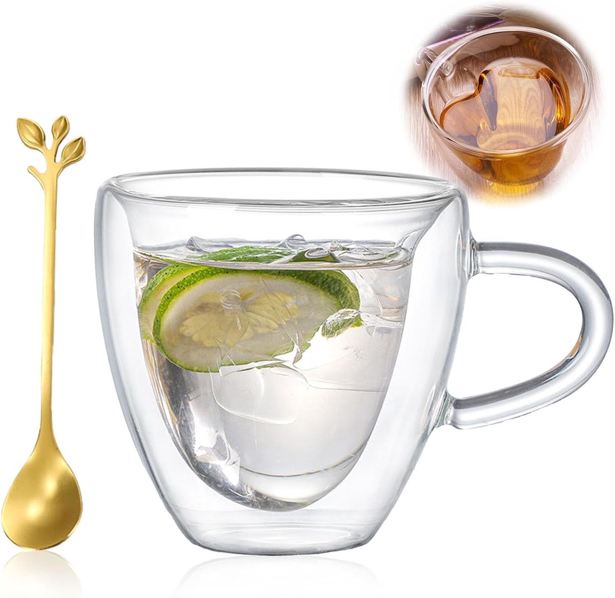 Elegante Dubbelwandige Espresso Kopjes Set van 180 ml met Handvat en Lepel - Perfect voor Koffie, Thee en Cadeaus voor Moederdag, Verjaardag en Valentijnsdag