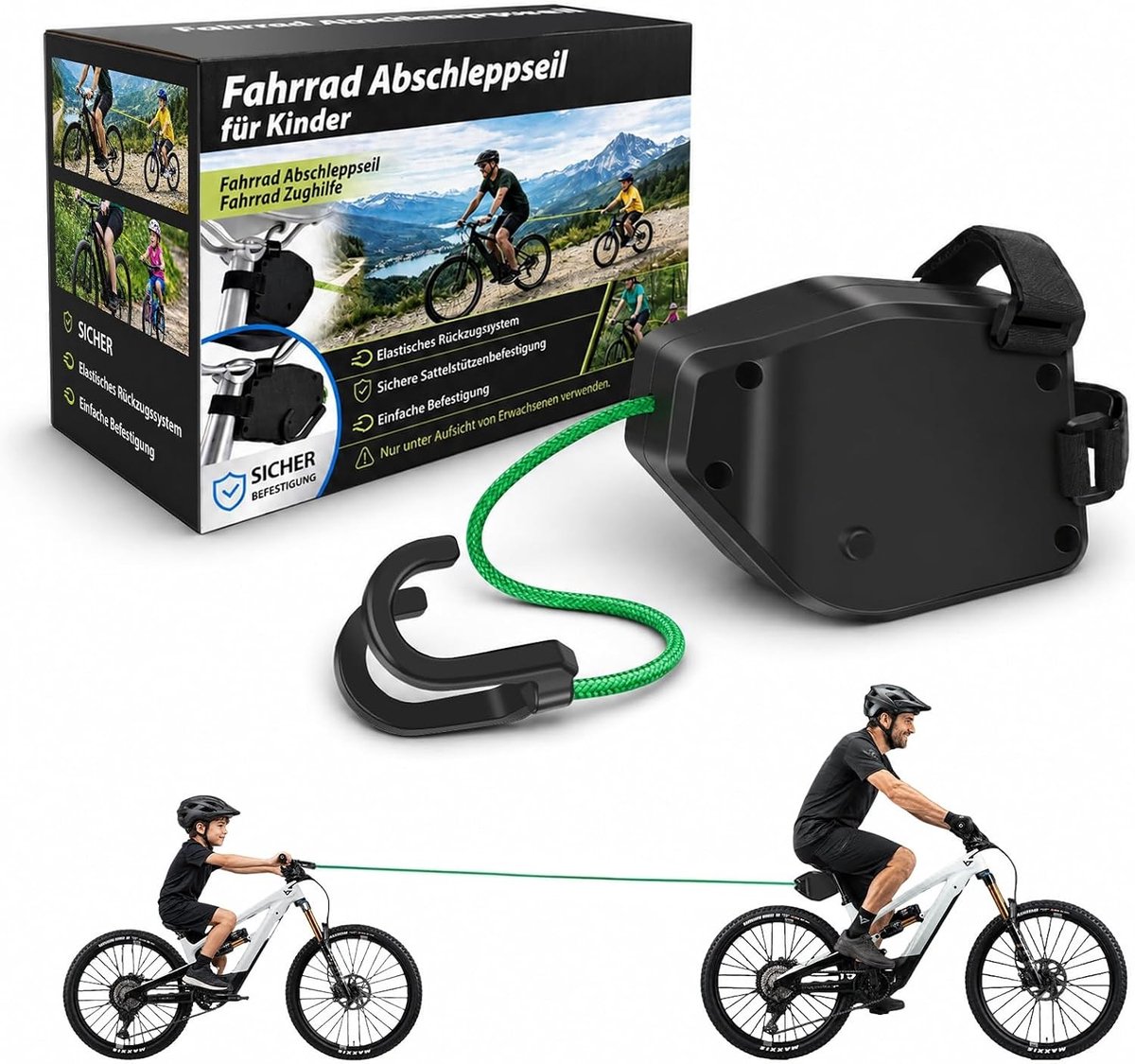 Fiets sleeptouw - Zwart - Modell A - Duurzaam Kevlar-touw met Automatisch Terugtrekmechanisme - Voor Ouders en Kinderen