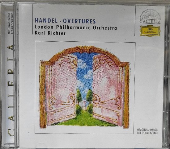 Cd-hoes met "HANDEL OVERTURES" in sierlijke gouden poorten met een voorstelling van een hemel en groen.