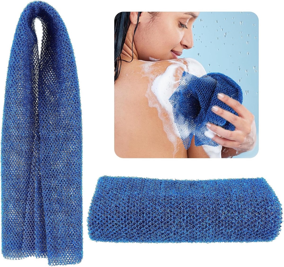 Afrikaanse Bad Spons - Lange Net Exfoliërende Douche Scrubber voor Lichaam, Voeten en Hoofd, Dode Huid Verwijderaar en Huidverzachter voor Mannen en Vrouwen (Blauw)