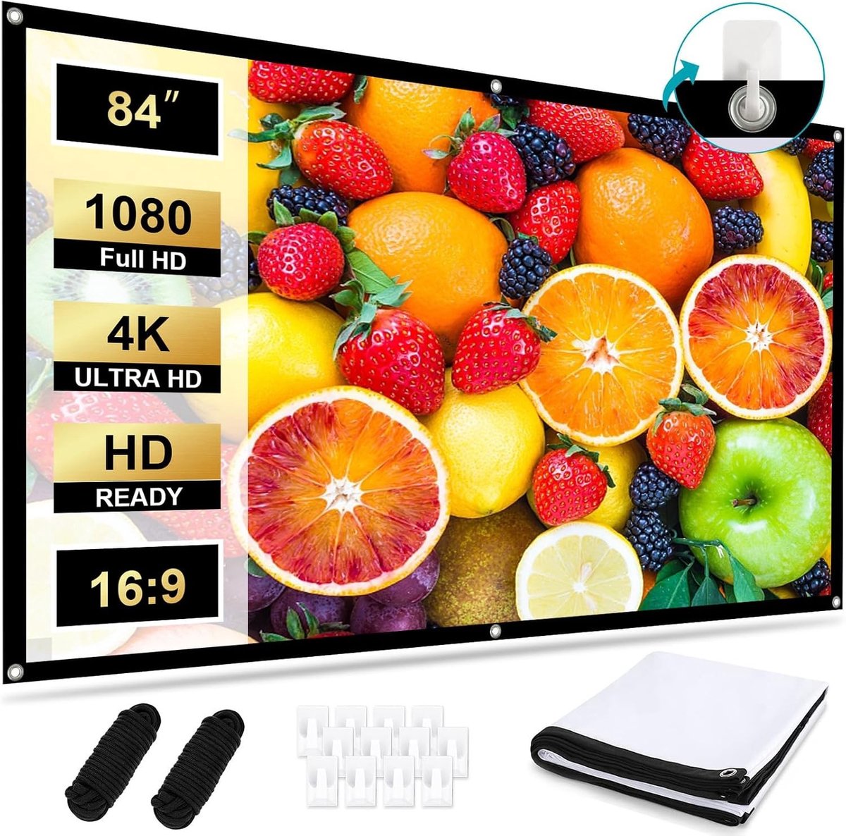 Groot 84 Inch Projectiescherm voor 4K HD Beeldkwaliteit, Vouwbaar en Antikreuk, Ideaal voor Buiten en Thuisbioscoop