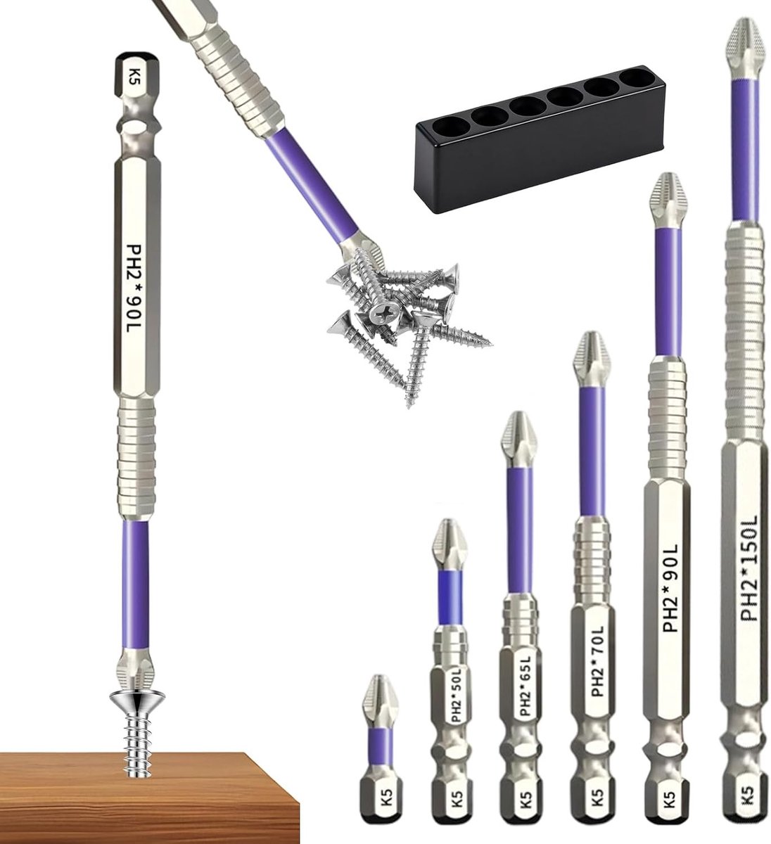 Set van 6 Sterke Magnetische Schroevendraaier Bits, Precisie Anti-Slip Phillips Bits, Geschikt voor Elektrisch Gereedschap en Klusprojecten