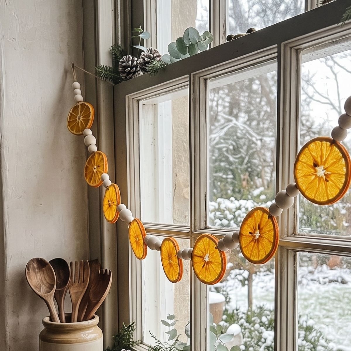 Kerstslinger gedroogde sinaasappelschijfjes met houten kraaltjes 1 meter - Natuurlijke guirlande kerstmis