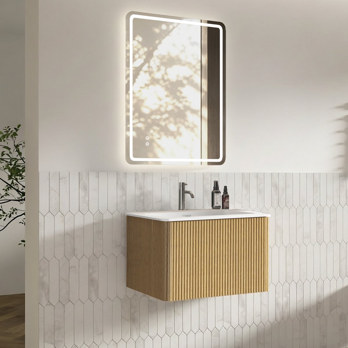 REDOM - Badkamermeubelset met LED Spiegel - 60 cm Waschtisch mit Unterschrank, 60x80 cm, Eiken kleur, Schwebend design, vormontiert