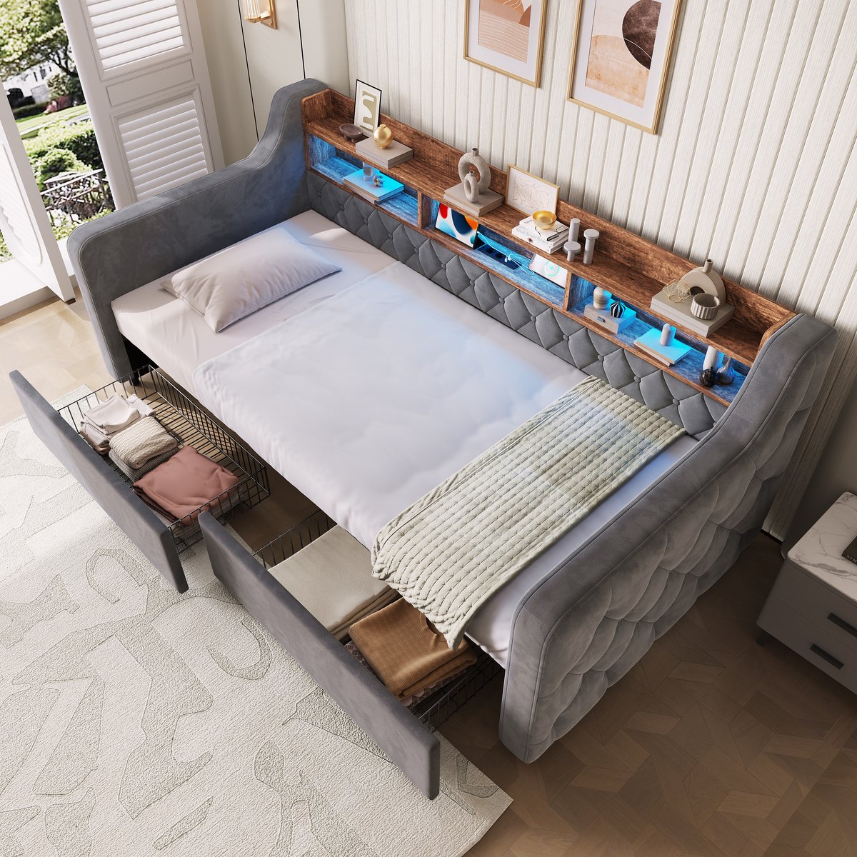 REDOM - Polsterbett 90x190 cm met stauraam, samtbett met LED, USB & Type-C, hoofddeel met opbergruimte, 2 lades, lattenrooster, gepolsterd eenpersoonsbed voor slaapkamer, jeugd- en gastenkamer Donkergrijs