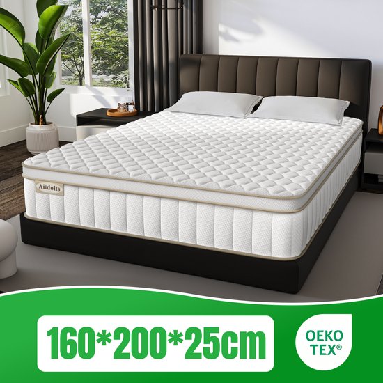 Aiidoits Matras 160x200 Tweepersoons - Pocketvering Matras 25cm Dik - 7 zones - OEKO-TEX Gecertificeerd - Anti-Allergische - Orthopedisch Eenpersoonsmatrassen - H3/H4 Medium Hard - 10 Lagen Hoogwaardige Materialen - Voor Kinderen en Volwassenen