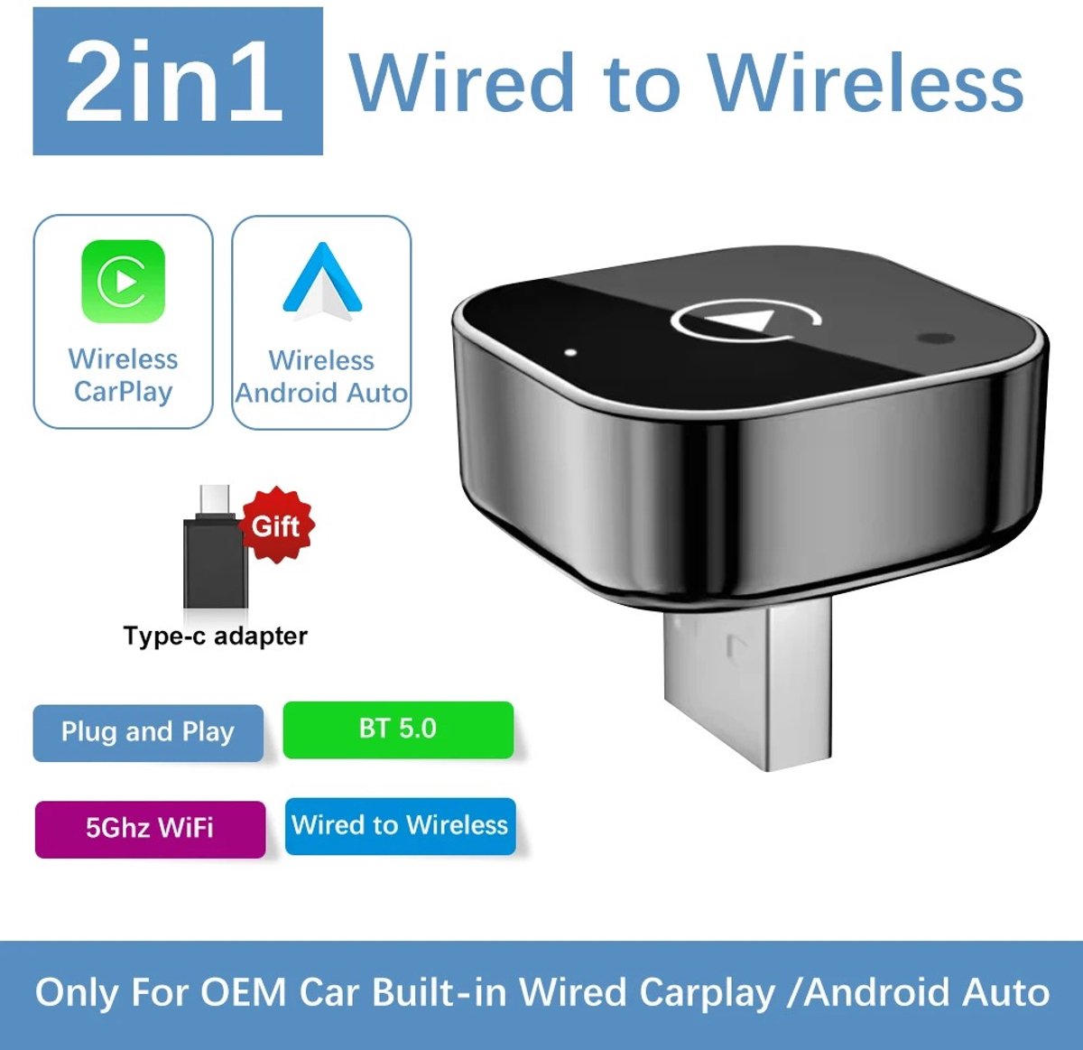 Cherrys Finds - Draadloze CarPlay Adapter - Auto Multimedia - Draadloze Telefoon Koppeling - 2-in-1 Carplay - Voor Auto‘s Na 2016 - Plug & Play - Grijs
