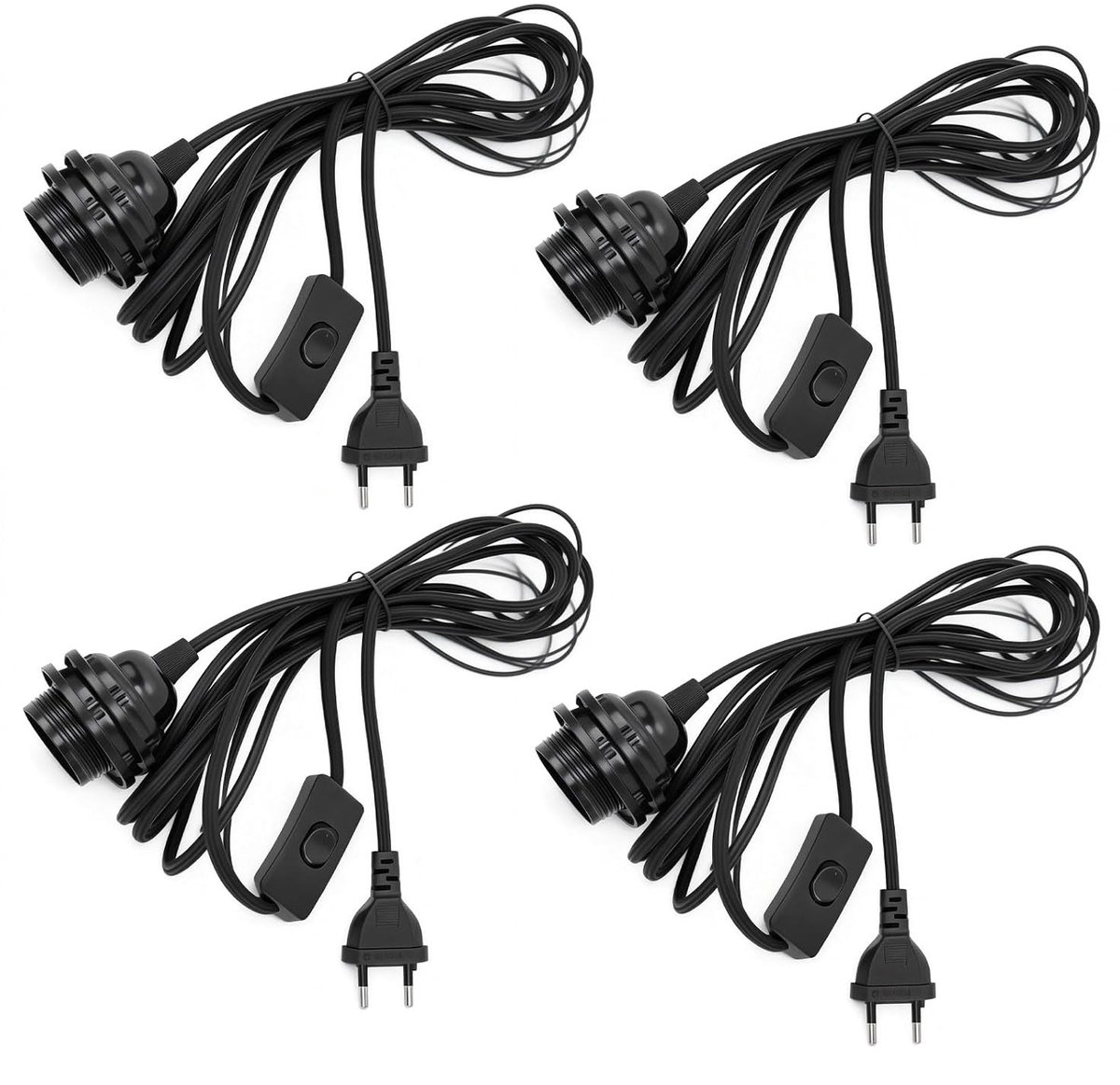 Set van 4 E14 Lampfittingen met Kabel en Schakelaar, E14 Socket met 3.5m Voedingskabel, Hanglamp voor Woonkamer, Slaapkamer en Keuken (Zwart)