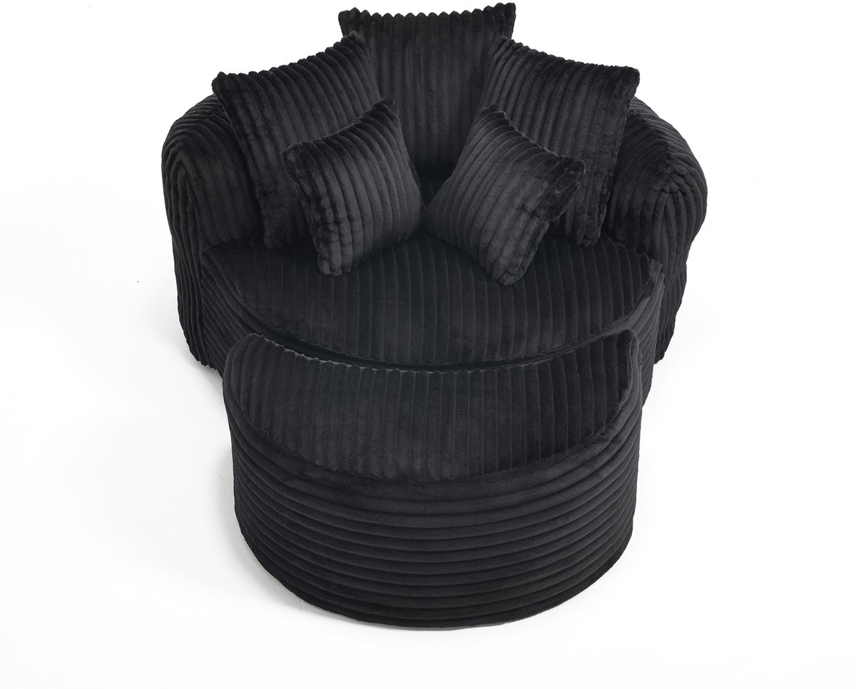 REDOM - Fauteuil - Grote ronde zitting - Met rugleuning en armleuningen - Met voetenbank en 5 kussens - Voor woonkamer en slaapkamer - Chenille - Zwart - 168 x 123 x 63 cm