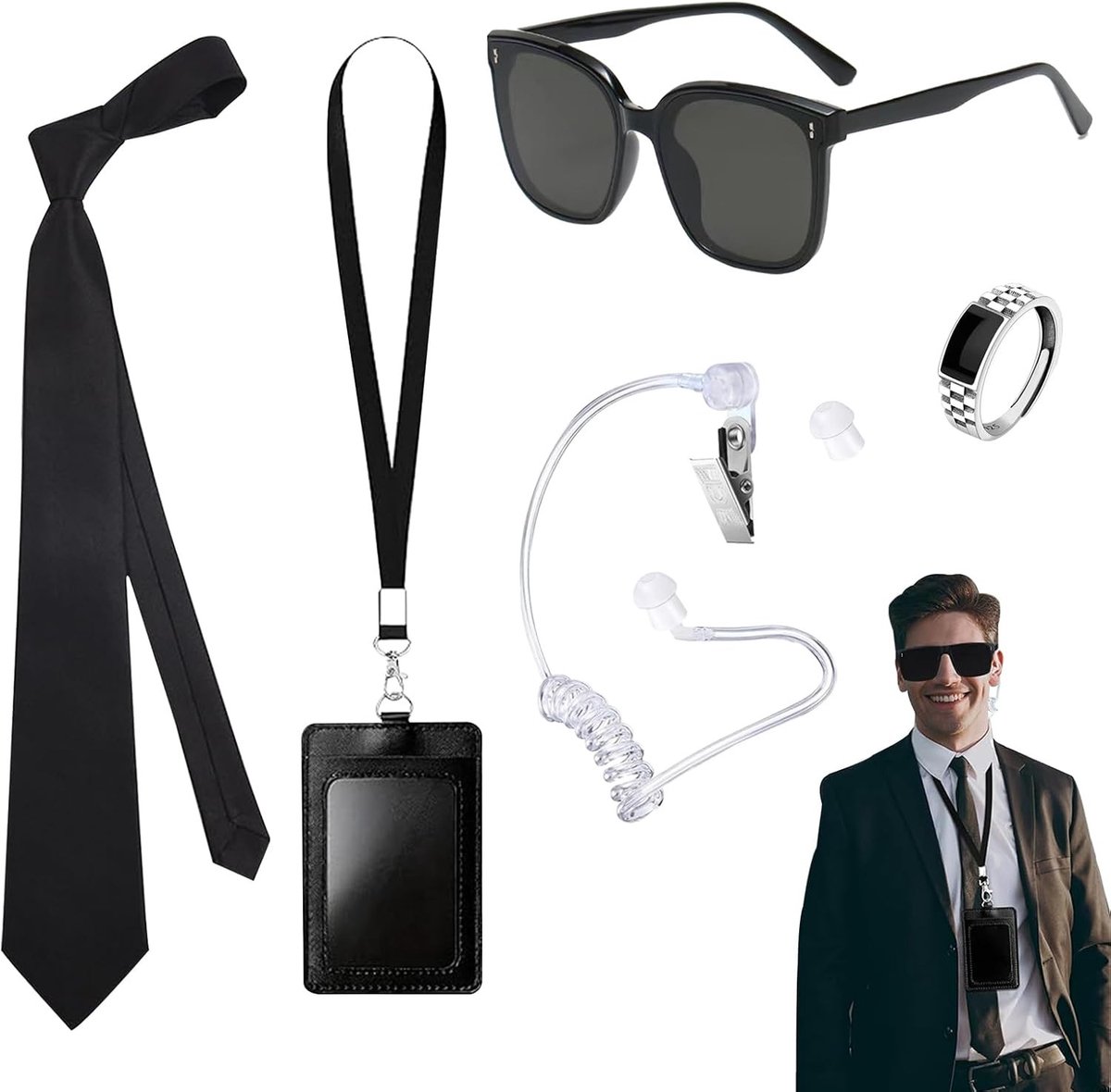 Vijfdelige set met kostuumaccessoires voor agenten, inclusief stropdas, zonnebril, ID-kaart, oordopjes en cosplay voor feestjes en verkleedpartijen