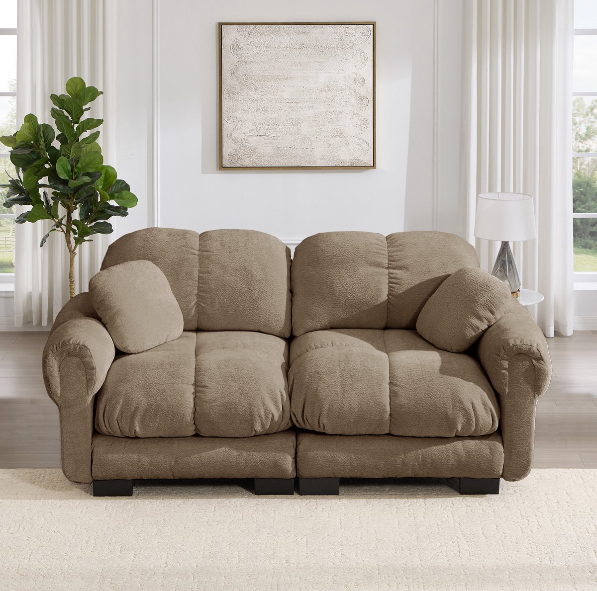 Wishdor 2-zits bank - Chenille bekleding - Modulair ontwerp - Gestikt design dikke zitkussens - Gebogen rugleuning armleuningen - Woonkamer - Bruin - 190 x 86 x 90 cm