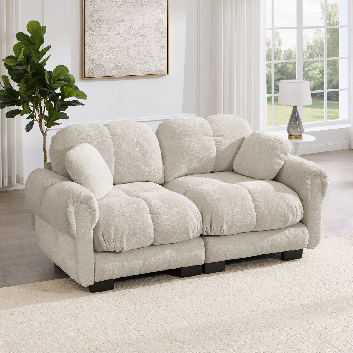 Wishdor 2-zits zitbank - Chenille bekleding - Gestikt design - Modulaire opstelling - Dikke zitkussens - Gebogen arm- en rugleuning - Woonkamer - Licht khaki - 190 x 86 x 90 cm