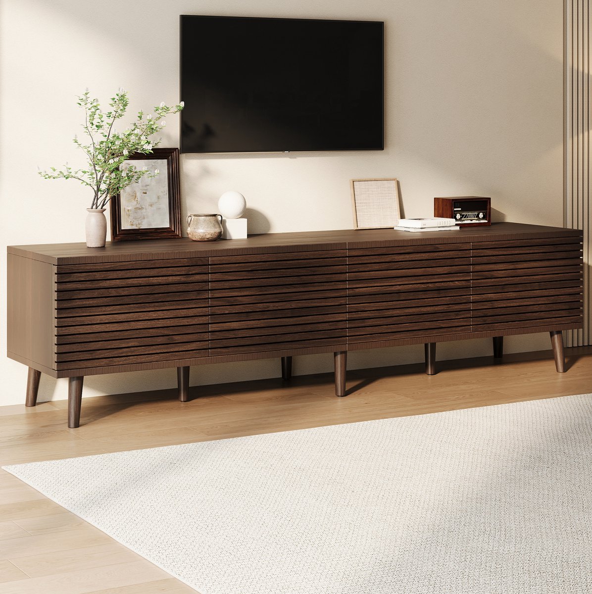 MODENUIT Tv-Meubel - 4 Deuren En Kabeldoorvoer - Voor Woonkamer - Walnoot - MDF En Spaanplaat - 180x40x46 Cm