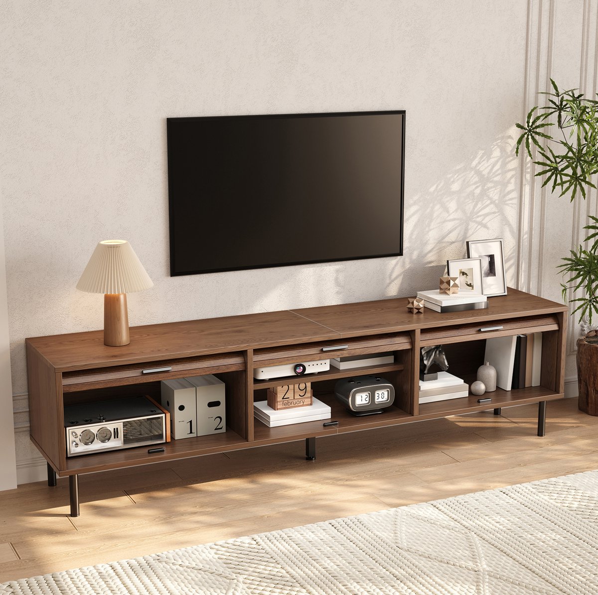 TV-Meubel - Schuifdeuren Met Verticale Groef - Woonkamer - MDF En Spaanplaat - Walnoot - 180 Cm