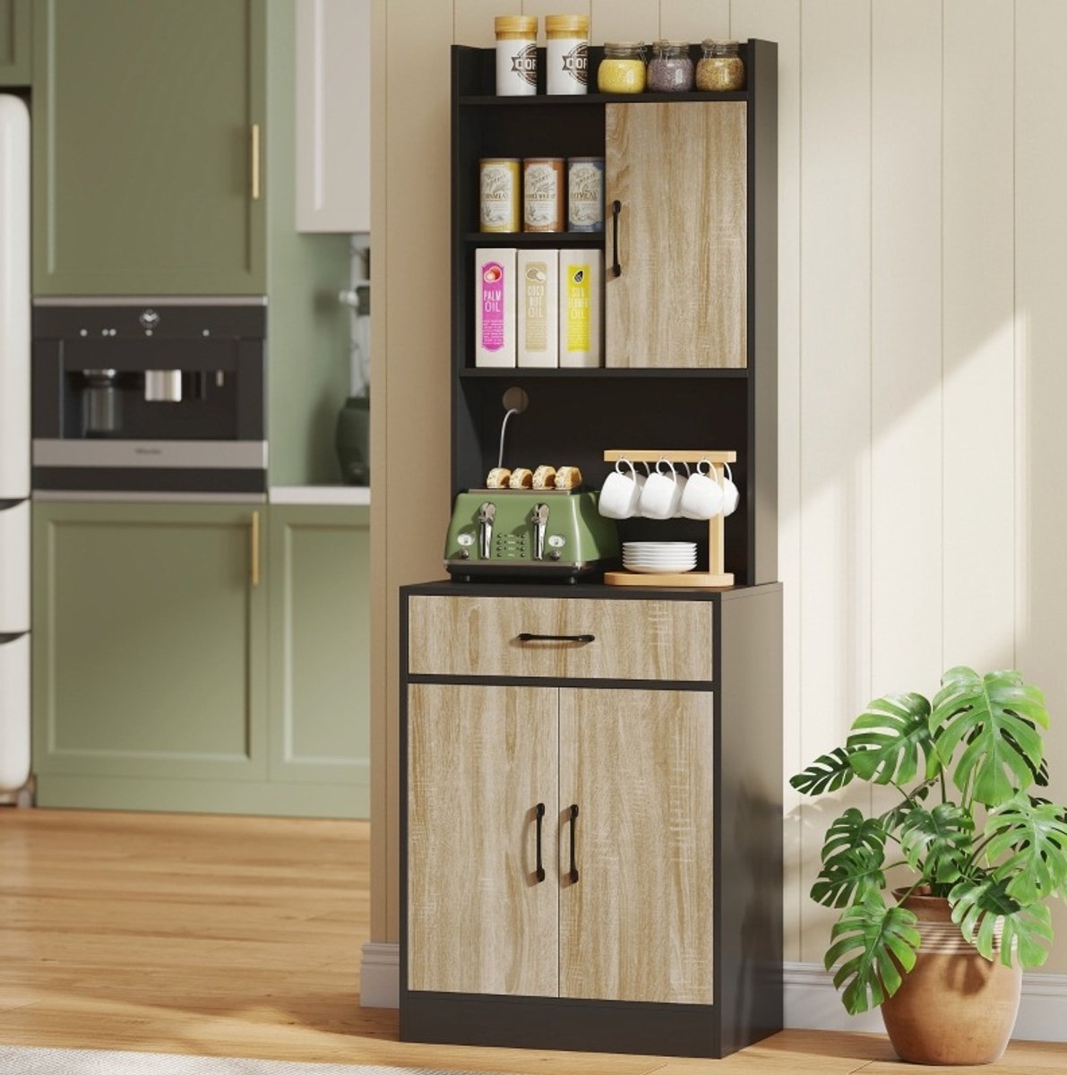 MODFU-Keukenkast-Open Vakken-Lade-Kabelgat-Natuurhout-Zwart-180 Cm