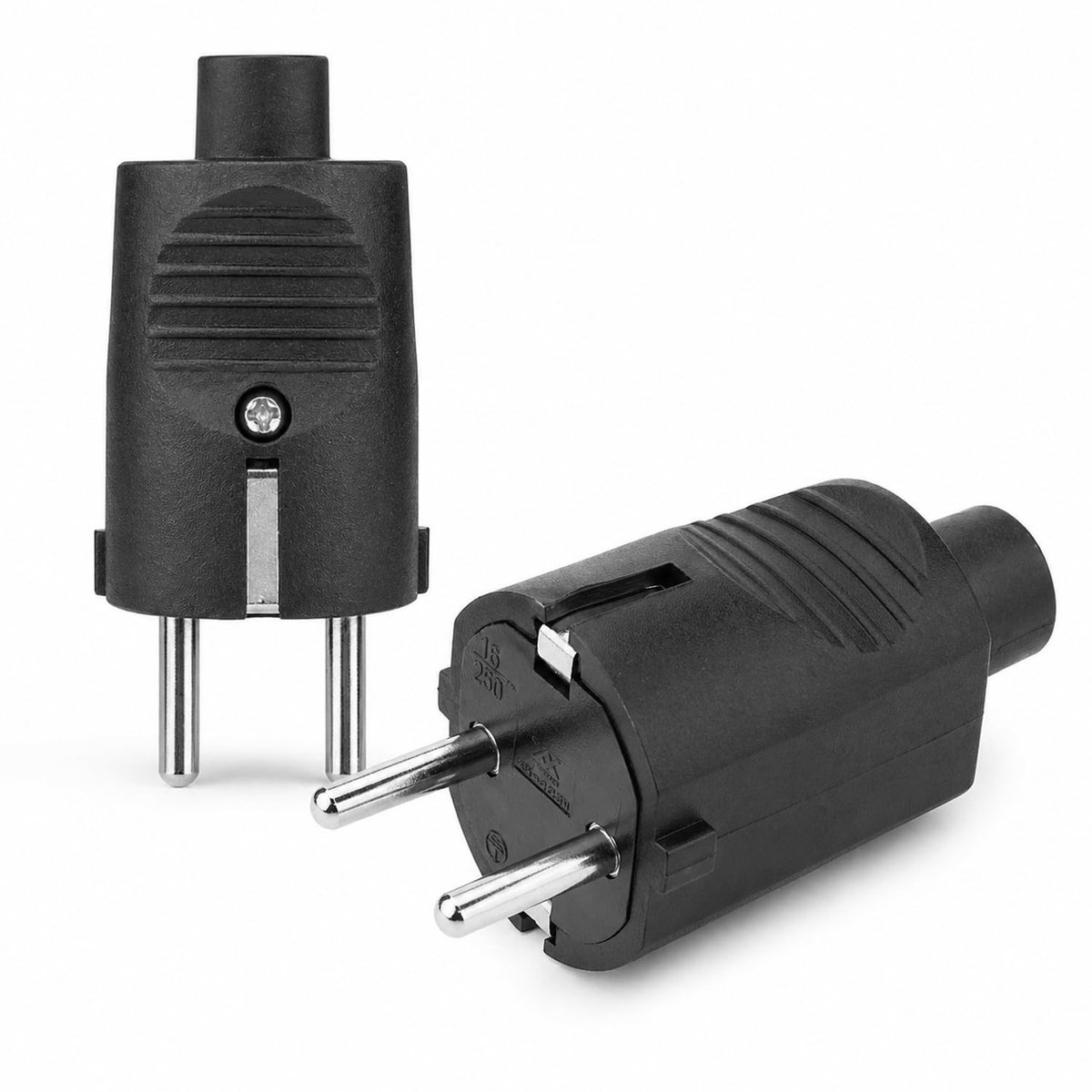 Set van 2 Aardingsstekkers 250V 16A Zwarte Stroomstekker met Buigbescherming en Trekontlasting, Vervangingsstekker voor Ronde Kabels tot 8 mm, Ideaal voor Huishoudelijk Gebruik en Elektrische Apparaten