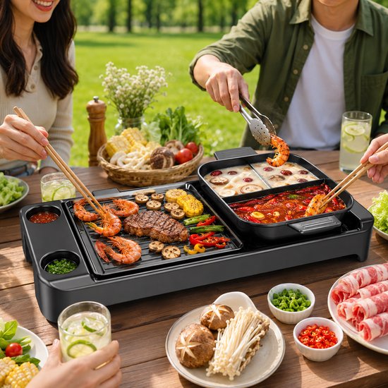 WizBay Premium Select® 3 in 1 Dual Aziatische Shabu HotPot - Hot pot - Funcooking - 2 Bouillon Gedeelte - Afneembare Pan en Grill - Gourmetten - Fondue - 6 tot 8 personen - 2200W - Anti Aanbak Laag - 70cm Lang — afbeelding 2