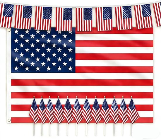 Complete set van Amerikaanse vlaggen en versieringen voor 4 juli, inclusief 1 grote vlag van 5x3ft, 30 kleine vlaggen, 10 handvlaggen en 15 ballonnen voor Memorial Day en feestelijkheden