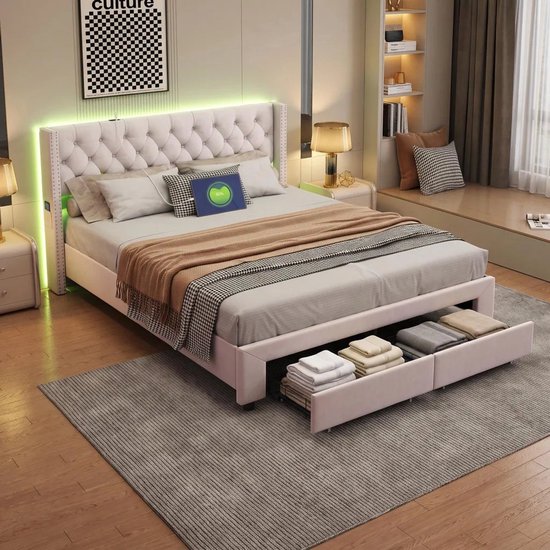 Lit rembourré 160x200 cm, velours beige, avec capitons, éclairage LED et deux tiroirs de rangement.