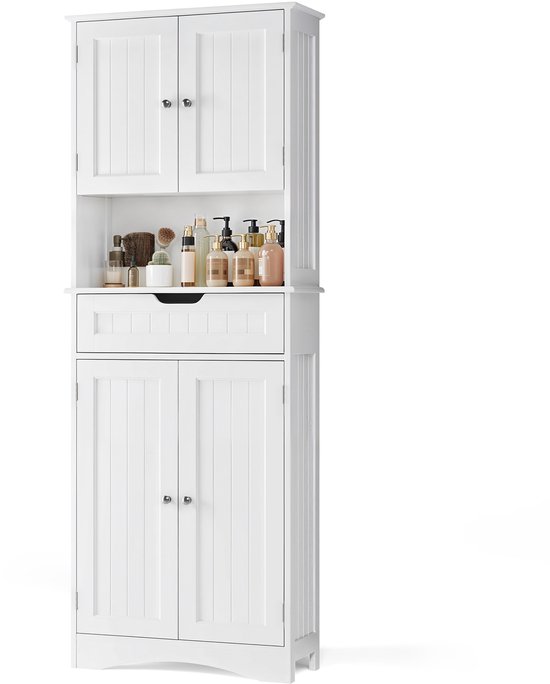 Witte badkamerkast met twee deuren bovenaan, een open plank met diverse flesjes en een lade, en twee deuren onderaan.