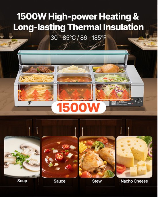 Commerciële Voedselverwarmer met 6 Halve Containers, 1,5 kW Elektrische Roestvrijstalen Verwarmer met Glazen Deksel en Lepel, Ideaal voor Catering, Restaurants en Evenementen — afbeelding 4