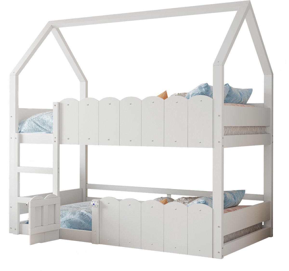 Kinder stapelbed - Houten huisbed - Met uitvalbeveiliging - Speelruimte eronder - 120kg draagvermogen - Kinderkamer - 90x200 cm - Wit
