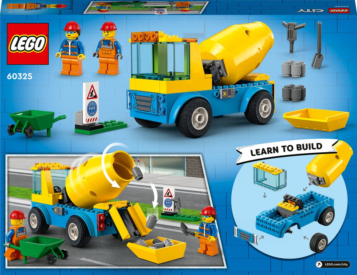 LEGO® City Cementwagen 60325 bouwset; met een ronddraaiende mengtrommel, plus een bord voor wegwerkzaamheden, drilboor, kruiwagen en minifiguren van wegwerkers; bouwvoertuig voor kinderen vanaf 4 jaar (85 onderdelen) — afbeelding 16