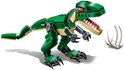 Groene LEGO dinosaurus met open bek, scherpe tanden en klauwen.