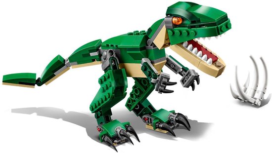 Groene LEGO dinosaurus met open bek, scherpe tanden en klauwen.