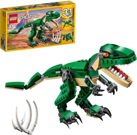 LEGO Creator doos met groene T-Rex, vliegende dinosaurus en kleinere dinosaurus.