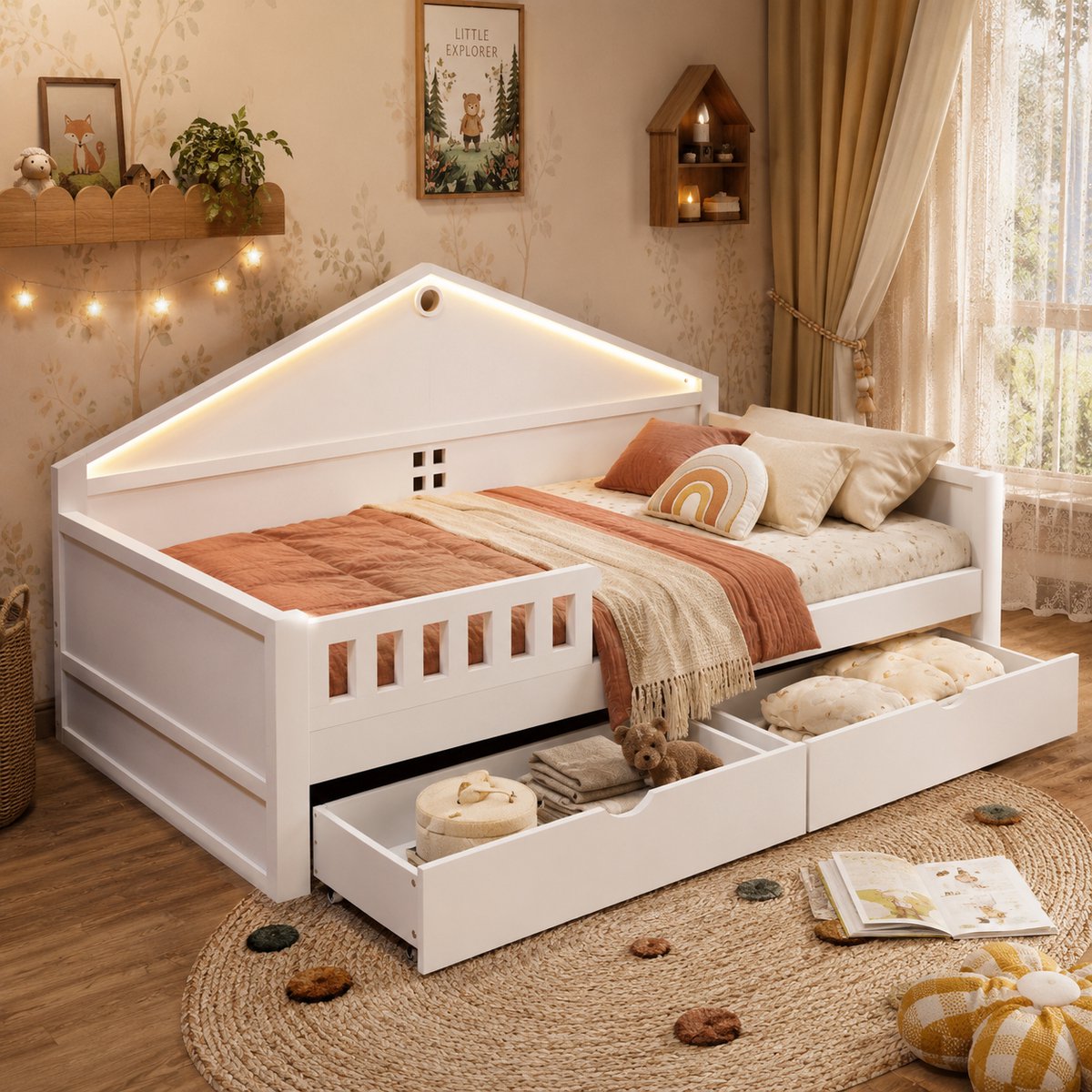 Welltin Kinderbed 90x200 cm - Eenpersoonsbed - Multifunctioneel bed - Vloerbed - Met veiligheidsleuning - Met led-lichtstrip - Met opbergruimte - Met lades - Wit