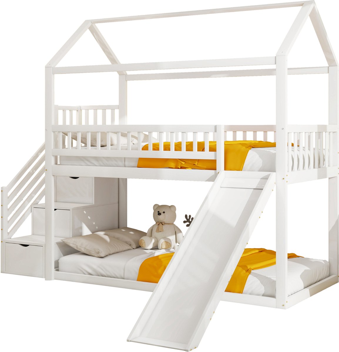 Kinderstapelbed - Witte hoogslaper met glijbaan - Trap met opbergruimte - Hoge uitvalbeveiliging voor veiligheid - 150 kg - Slaapkamer-90x200 cm - Wit