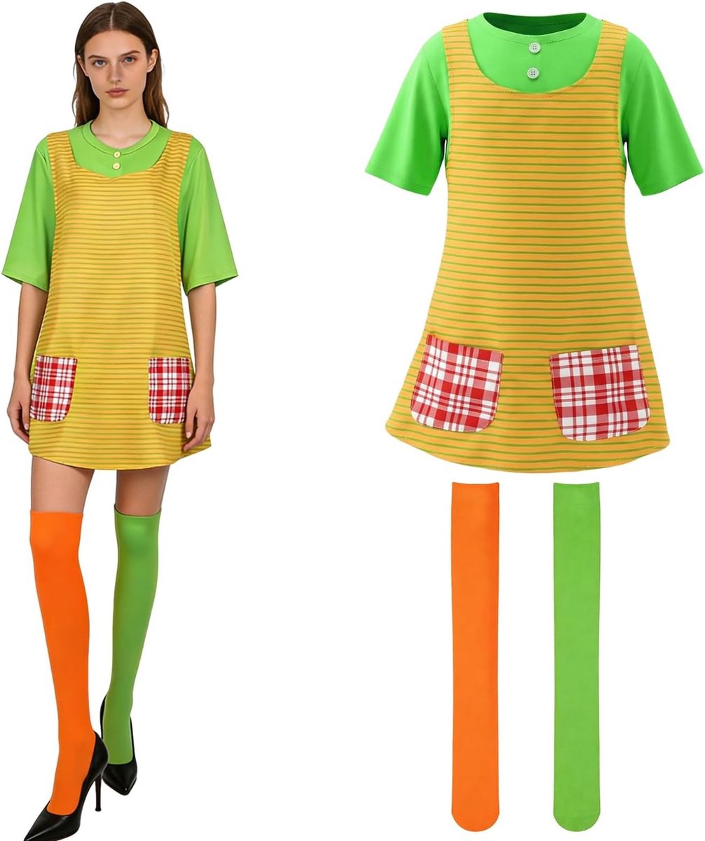 Carnaval Kostuum voor Vrouwen, Kleurrijke Jurk met Kousen, Feestoutfit voor Carnaval en Themafeesten