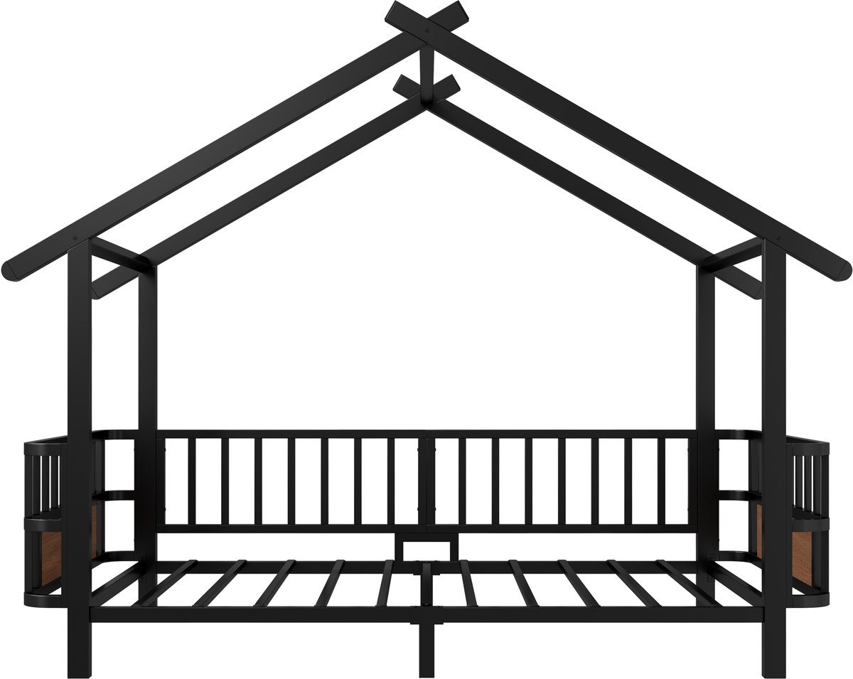 WUVRIE Kinderbed huisvorm 90x200 cm van metaal met veiligheidsrail, lattenbodem, zwart