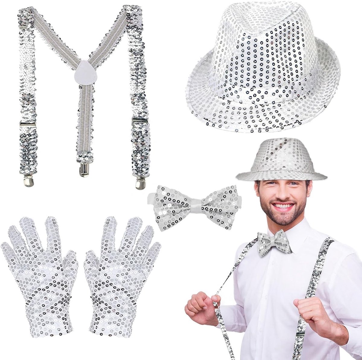 4-delige Sequin Kostuum Set voor Jazz en Hip Hop Dans met Zilveren Hoed, Braces, Strik en Handschoenen voor Carnaval en Cosplay