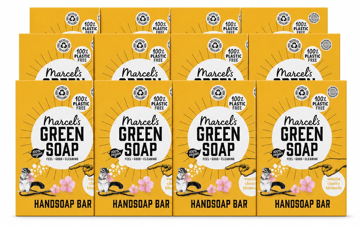 12 x Marcel's Green Soap - Handzeep Bar - Vanille & Cherry Blossom - Krachtige werking - 90 gr - Voordeelverpakking - 12 stuks