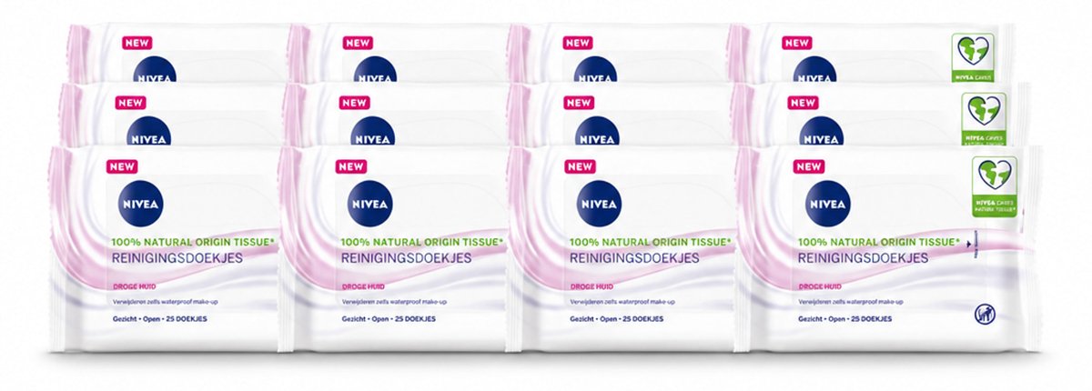 12 x NIVEA - Reinigingsdoekjes - Verzachtend - Droge Huid - Verwijdert Waterbestendige Make-up - 25 Doekjes - Voordeelverpakking - 12 stuks