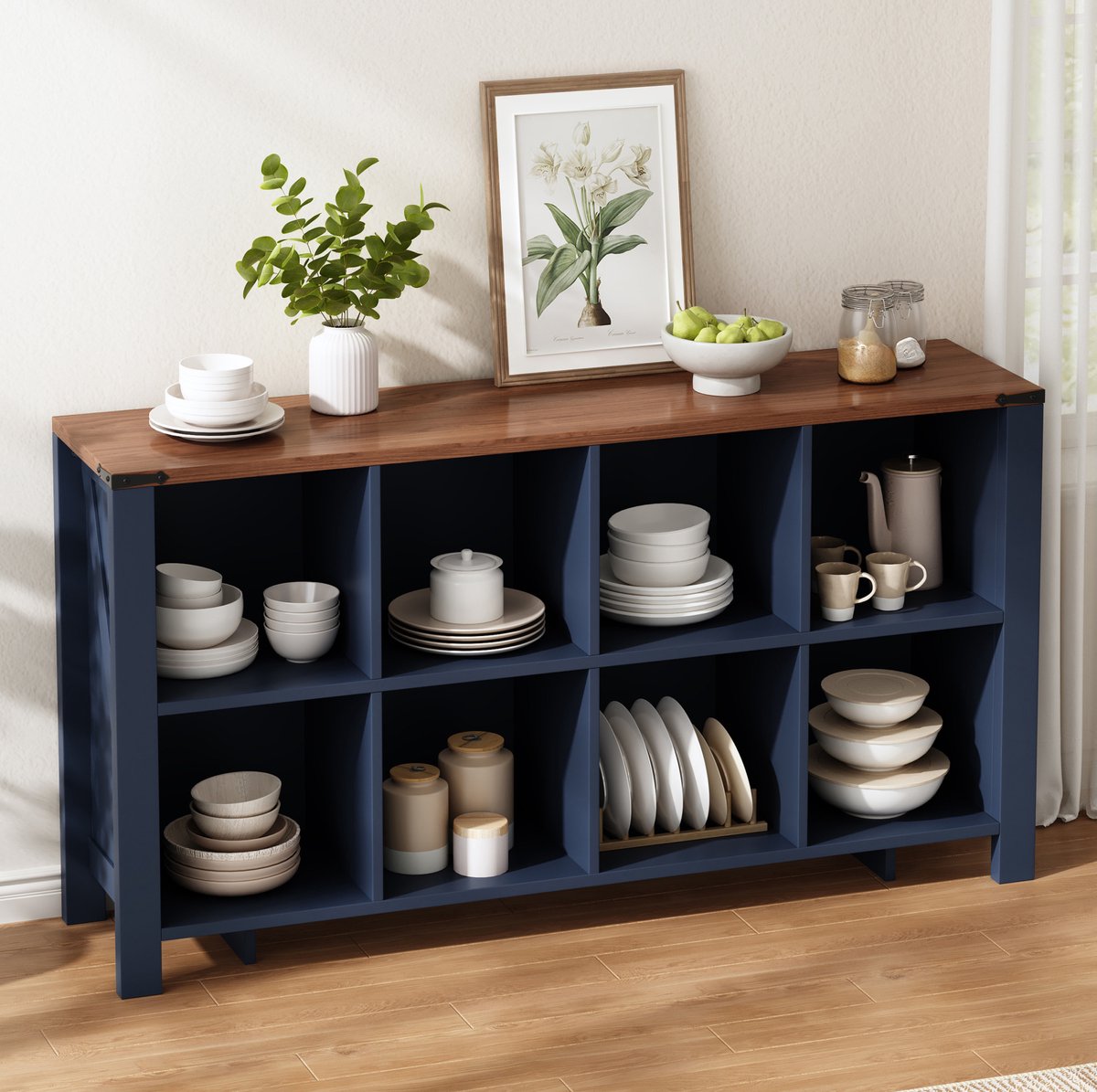 STILVORA Vakkenkast - Open Opbergkast Met 8 Vakken - Voor Woonkamer, Keuken En Eetkamer - MDF - Blauw - 140x34x75 Cm