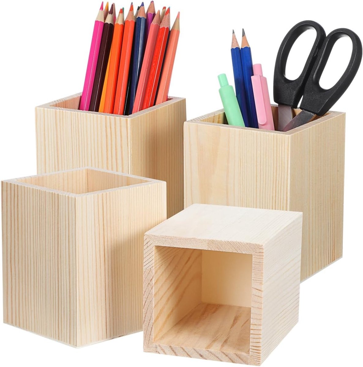 Houten opbergdozen set van 4, multifunctionele pennenhouder voor kantoor, bureau-organizer en schrijfgerei opslag