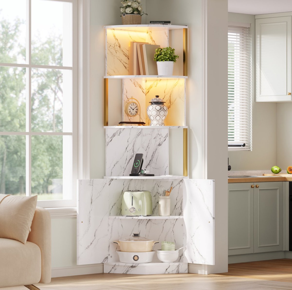 MIVRAY Hoekkast Met Ledverlichting En Opbergvakken - Modern Dressoir Voor Keuken Woonkamer En Eetkamer - Mdf - Wit - 38x38x180 Cm