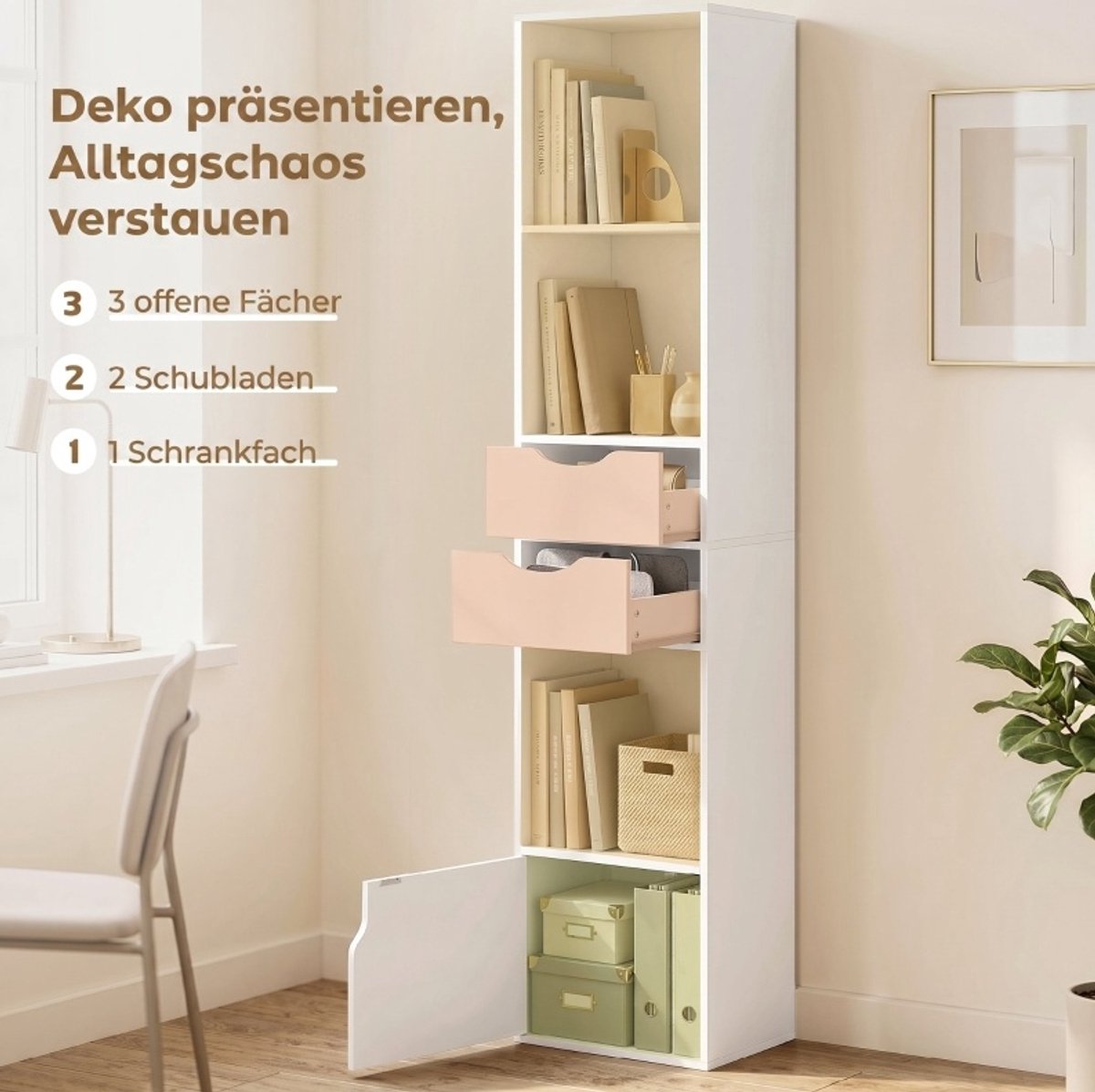 REDOM - Boekenkast - 2 lades - verstelbare plank - open vakken en opbergkast - moderne stijl - kantoor en slaapkamer - MDF - Wit - 30 x 24 x 158 cm