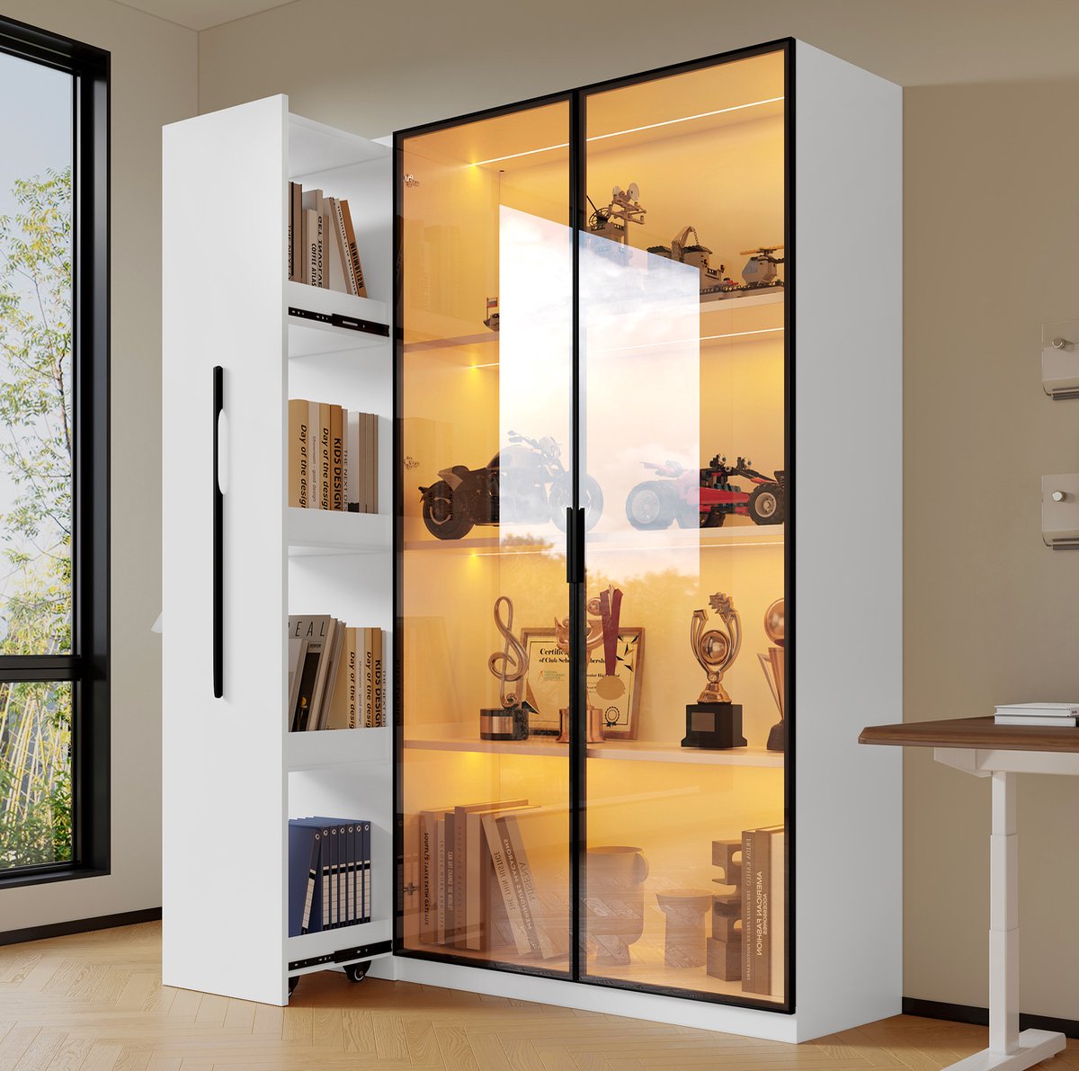 MODFU - Vitrinekast - LED - Zijopbergruimte - MDF - Wit - 110,5 X 35 X 160 Cm