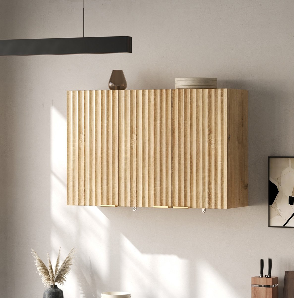 MIVRAY Wandschrank - Wandmontage Met 3 Deuren En Natuurlijke Houtlook - Voor Keuken, Woonkamer, Badkamer En Wasruimte - MDF - 90 X 29 X 60 Cm
