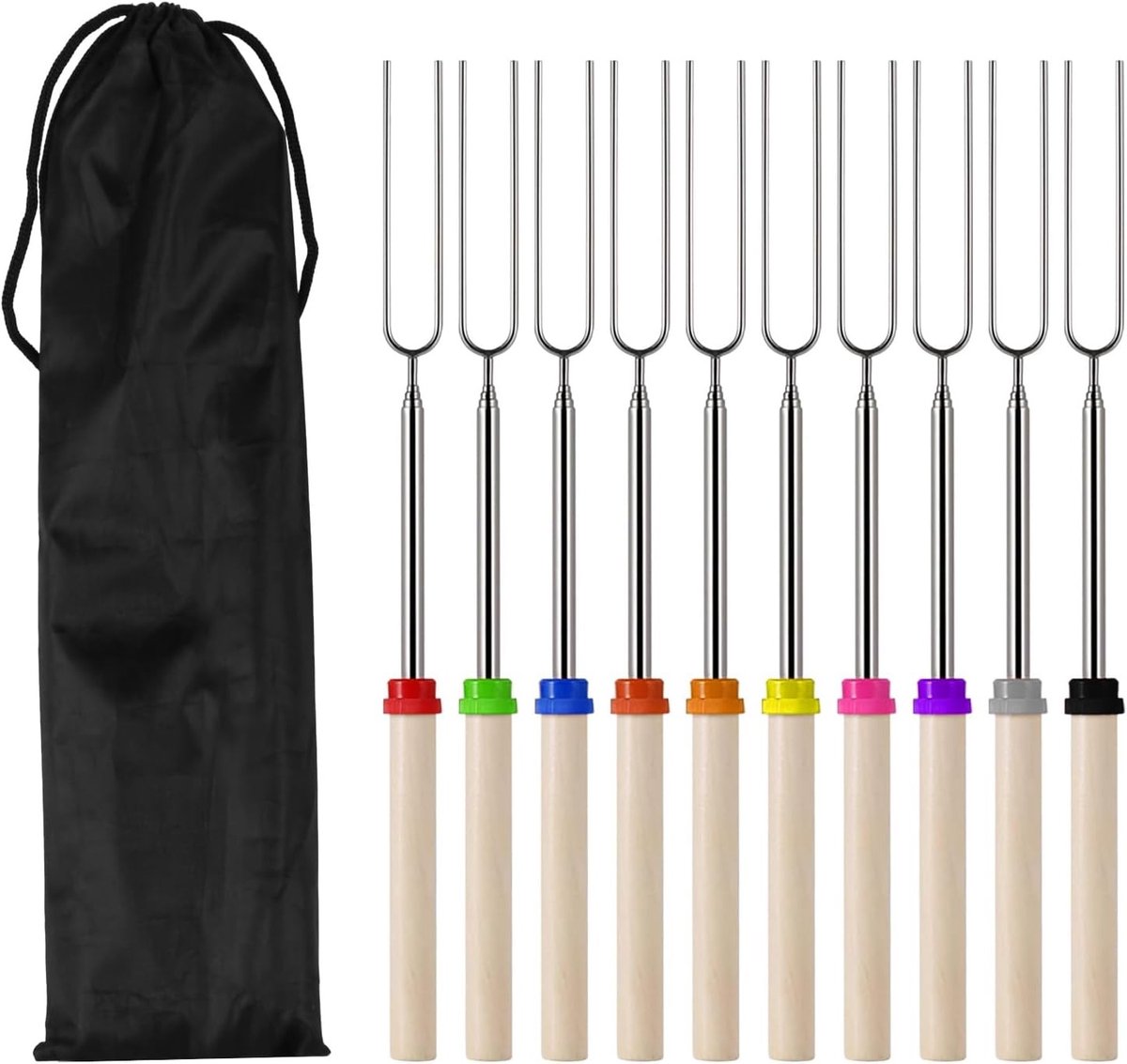 Telescopische roestvrijstalen grillspiesen (31-81 cm) voor marshmallows, shashlik en baguettes. Ideaal voor kamperen, barbecueën en kampvuren. Inclusief opbergtas.